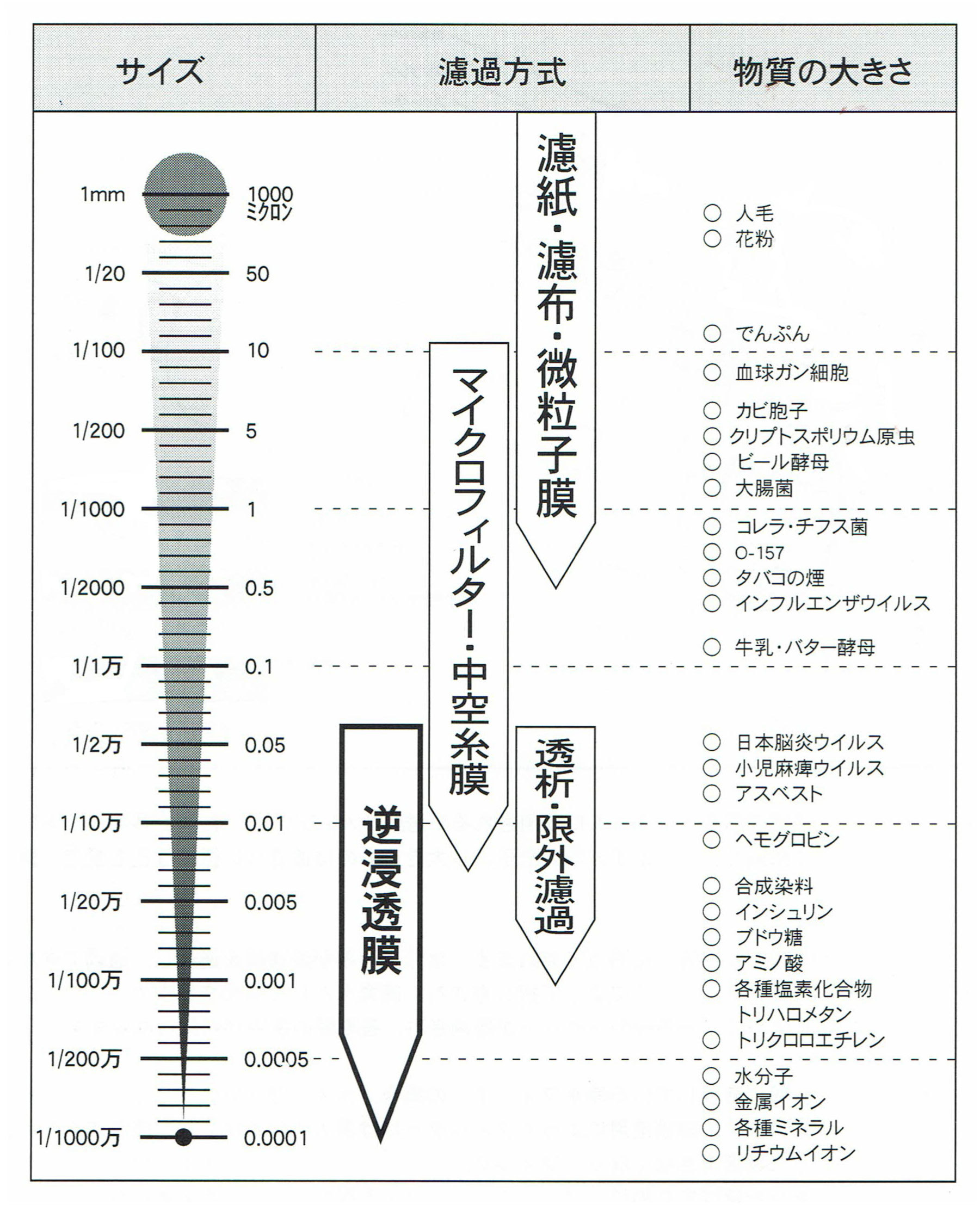 逆浸透膜の孔と物質のサイズ